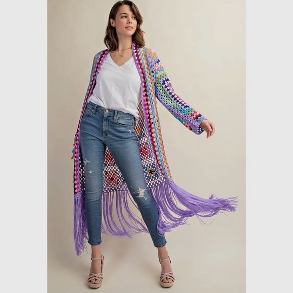 Sweet Generis Sweaters - Sweet Generis S/M Purple Multi Crochet Fringe Cardigan Grannycore Cottagecore